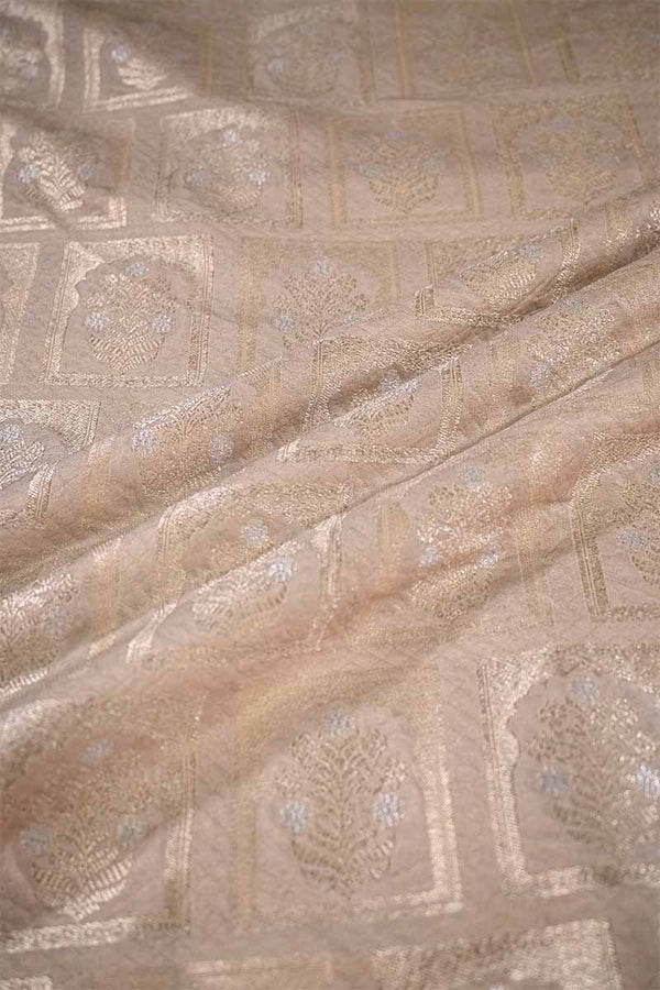 Off White Banarasi Silk Fabric with Floral Ornament Pattern