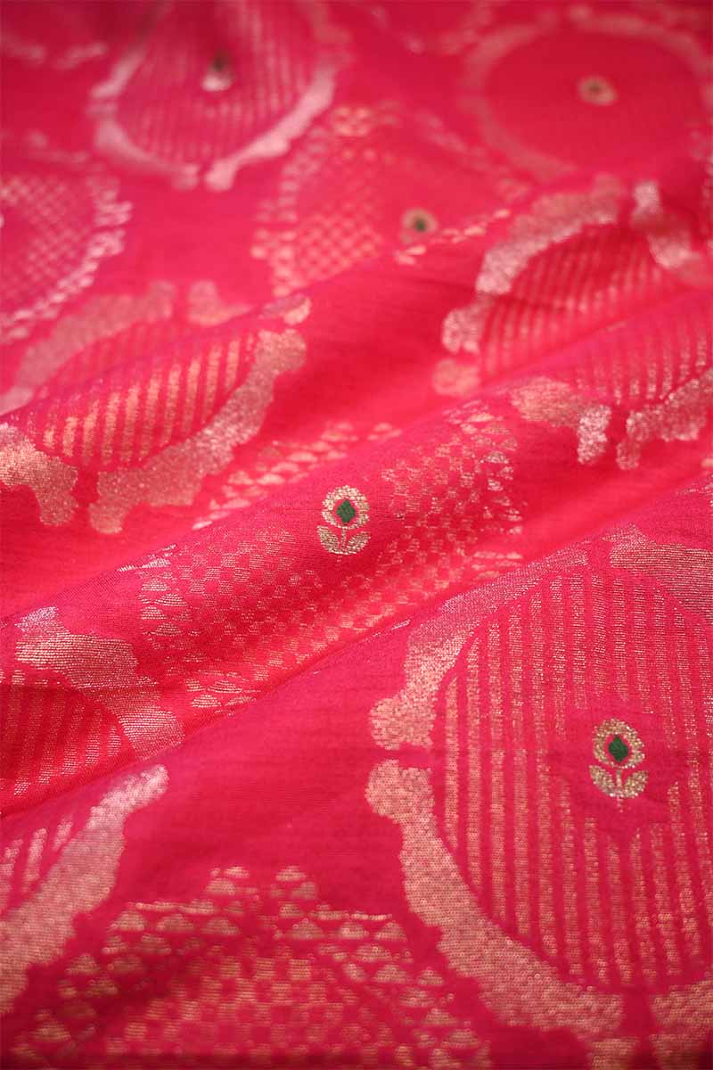 Rose Pink Banarasi Silk Fabric with Meenakari Floral Detailing