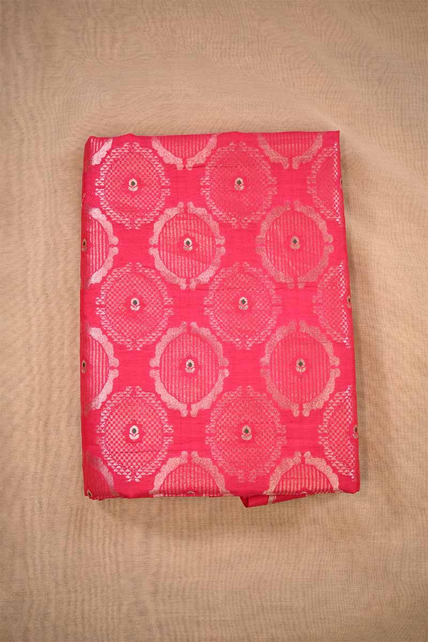 Rose Pink Banarasi Silk Fabric with Meenakari Floral Detailing