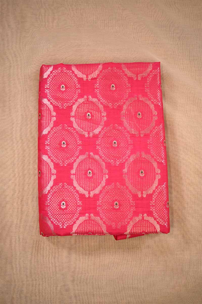 Rose Pink Banarasi Silk Fabric with Meenakari Floral Detailing