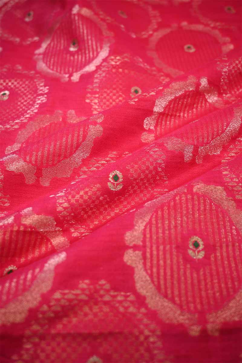 Rose Pink Banarasi Silk Fabric with Meenakari Floral Detailing