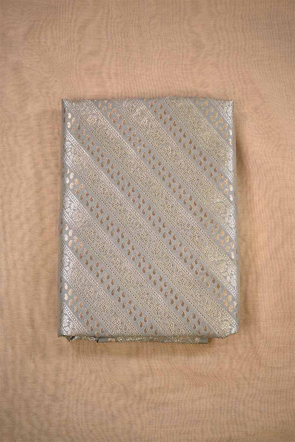 Grey Banarasi Silk Fabric with Floral & Paisley Stripes