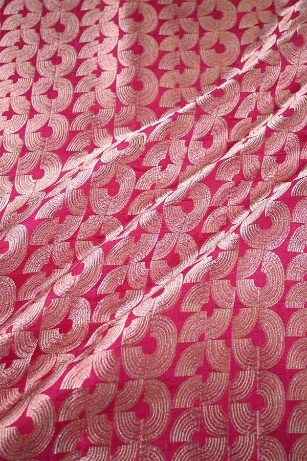Pink Banarasi Silk Fabric with Water Gold Zari Arc Brocade Pattern