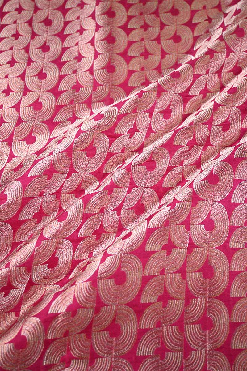 Pink Banarasi Silk Fabric with Water Gold Zari Arc Brocade Pattern