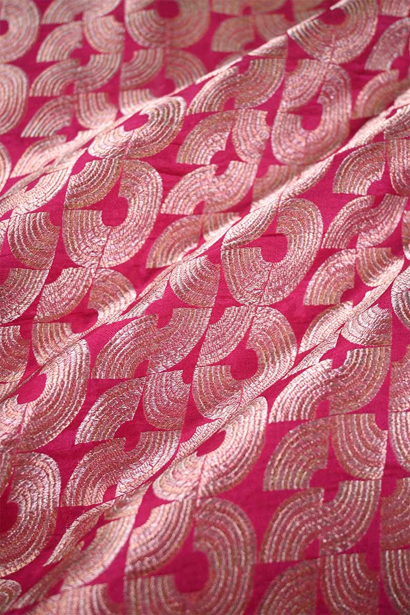 Pink Banarasi Silk Fabric with Water Gold Zari Arc Brocade Pattern
