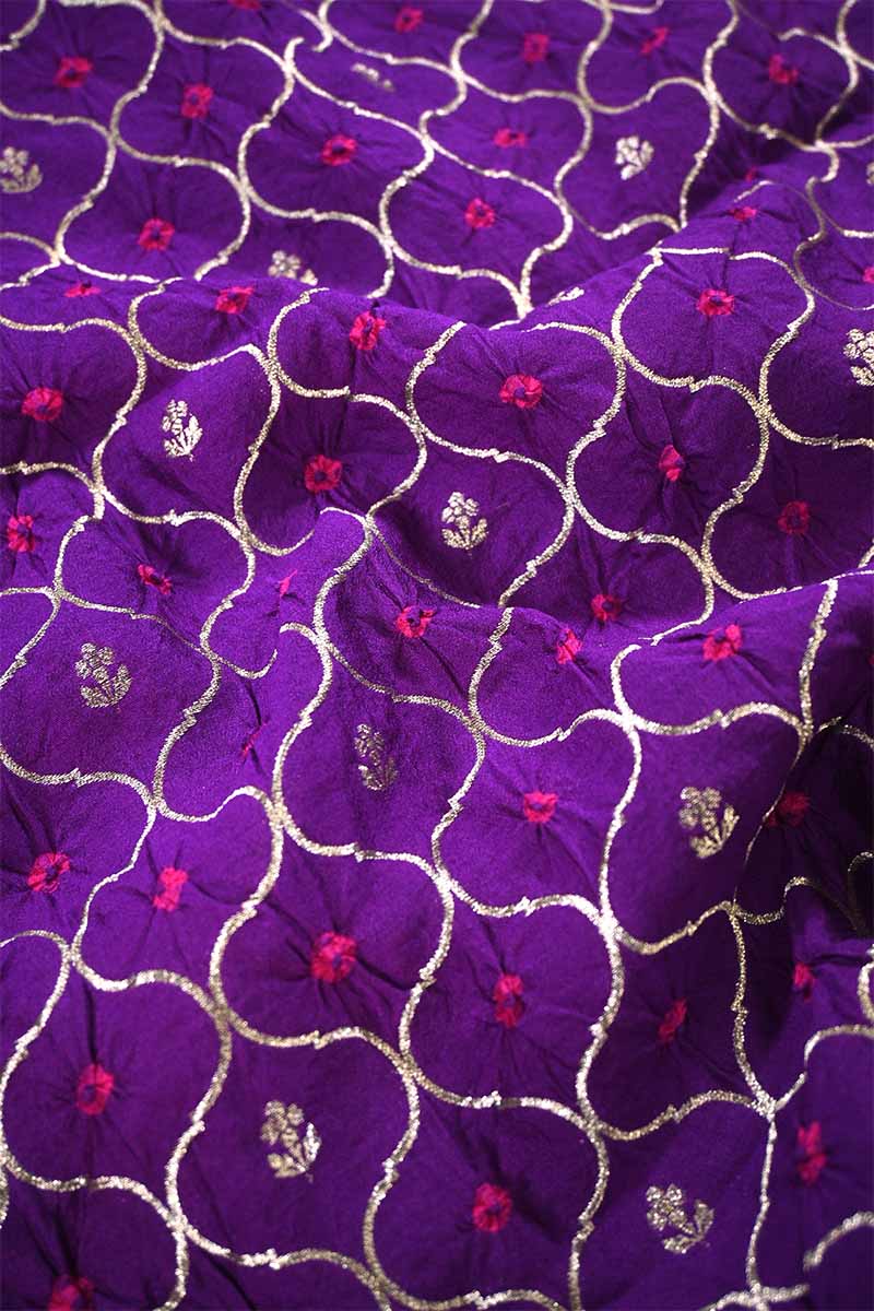 Purple Chiniya Silk Fabric with Jaal and Bandhani Print