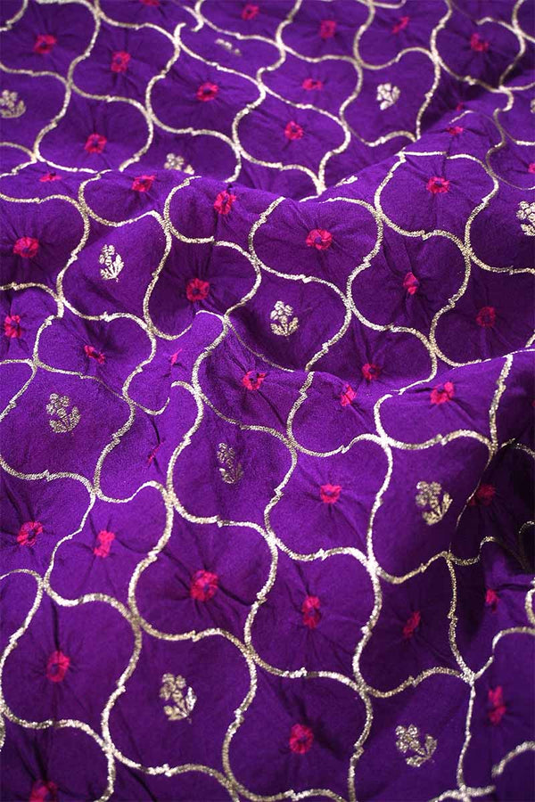 Purple Chiniya Silk Fabric with Jaal and Bandhani Print