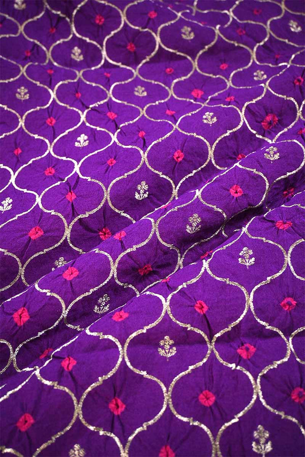Purple Chiniya Silk Fabric with Jaal and Bandhani Print