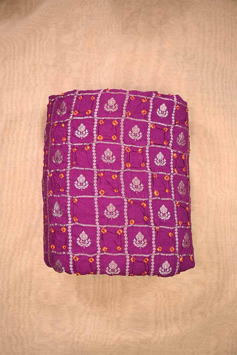 Magenta Chiniya Banarasi Silk Fabric with Zari Checks & Motifs