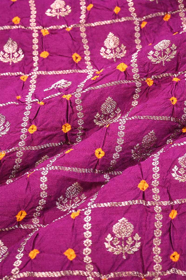 Magenta Chiniya Banarasi Silk Fabric with Zari Checks & Motifs