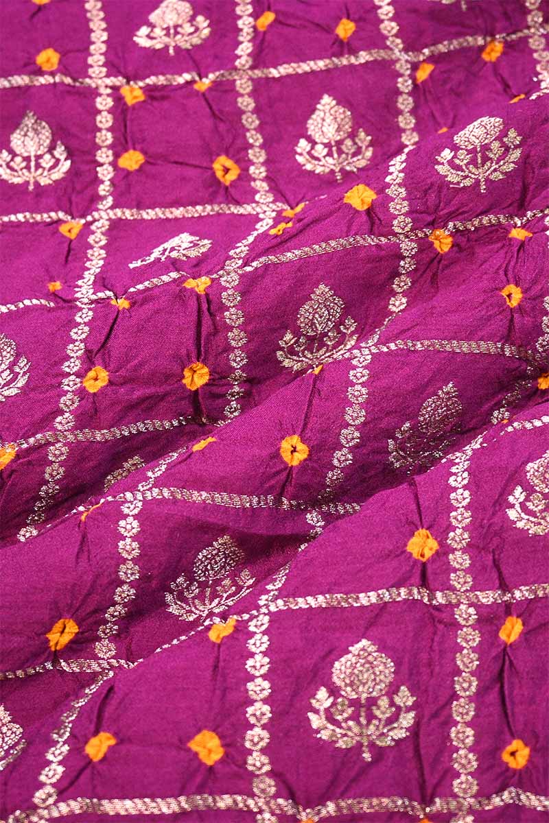 Magenta Chiniya Banarasi Silk Fabric with Zari Checks & Motifs