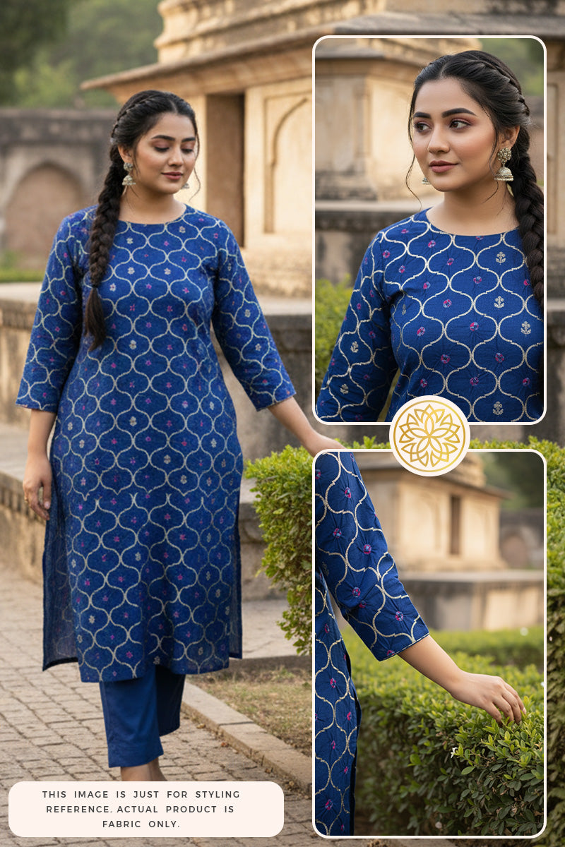 Woman wearing a blue Banarasi silk kurti pant with close-up details in an outdoor setting.