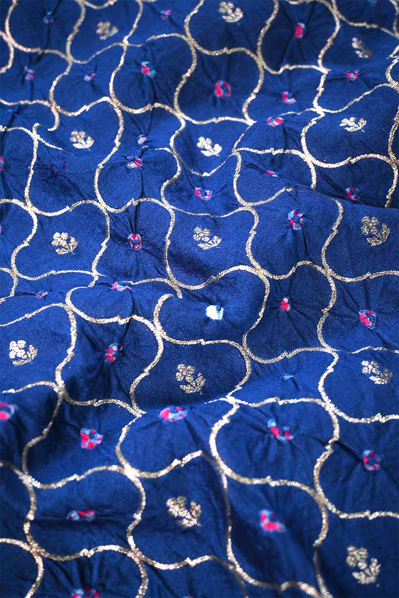 Blue Chiniya Silk Fabric with Jaal and Bandhani Print