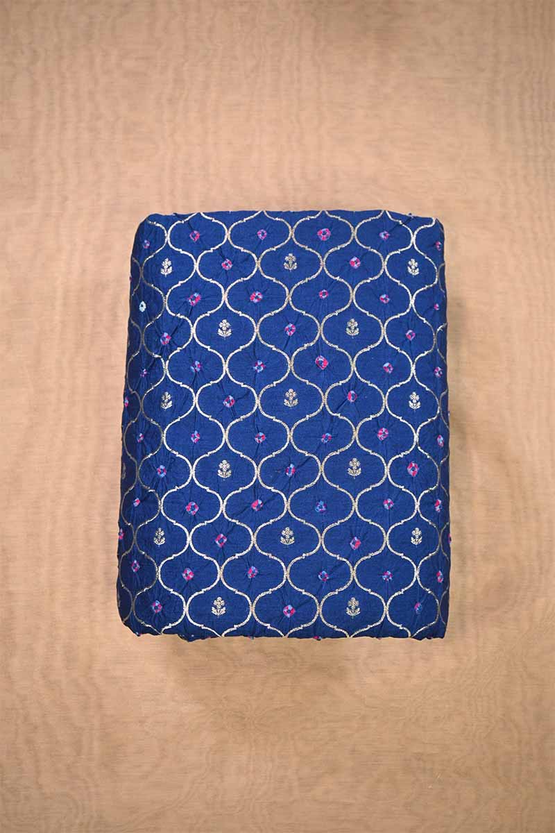 Blue Chiniya Silk Fabric with Jaal and Bandhani Print
