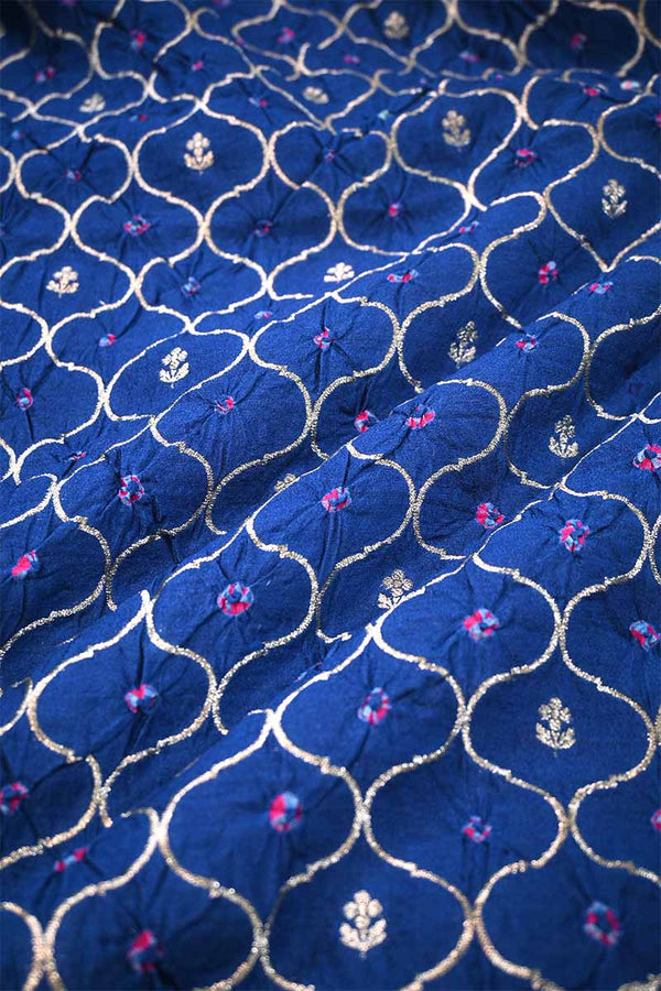 Blue Chiniya Silk Fabric with Jaal and Bandhani Print