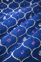 Blue Chiniya Silk Fabric with Jaal and Bandhani Print