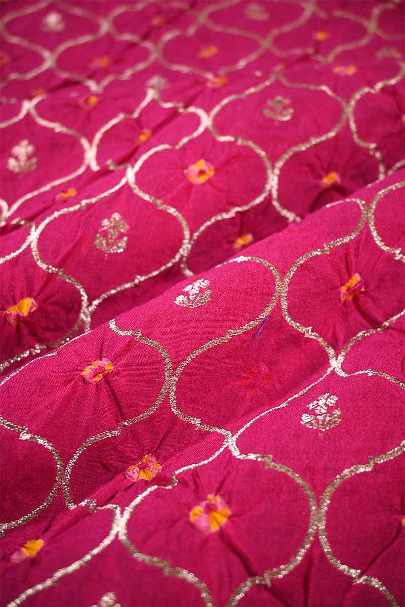 Pink Chiniya Silk Fabric with Jaal and Bandhani Print