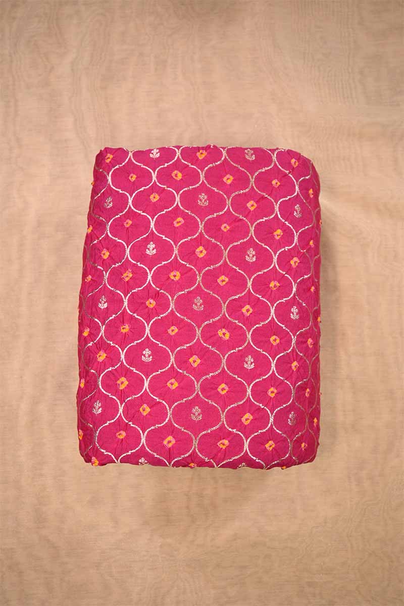 Pink Chiniya Silk Fabric with Jaal and Bandhani Print