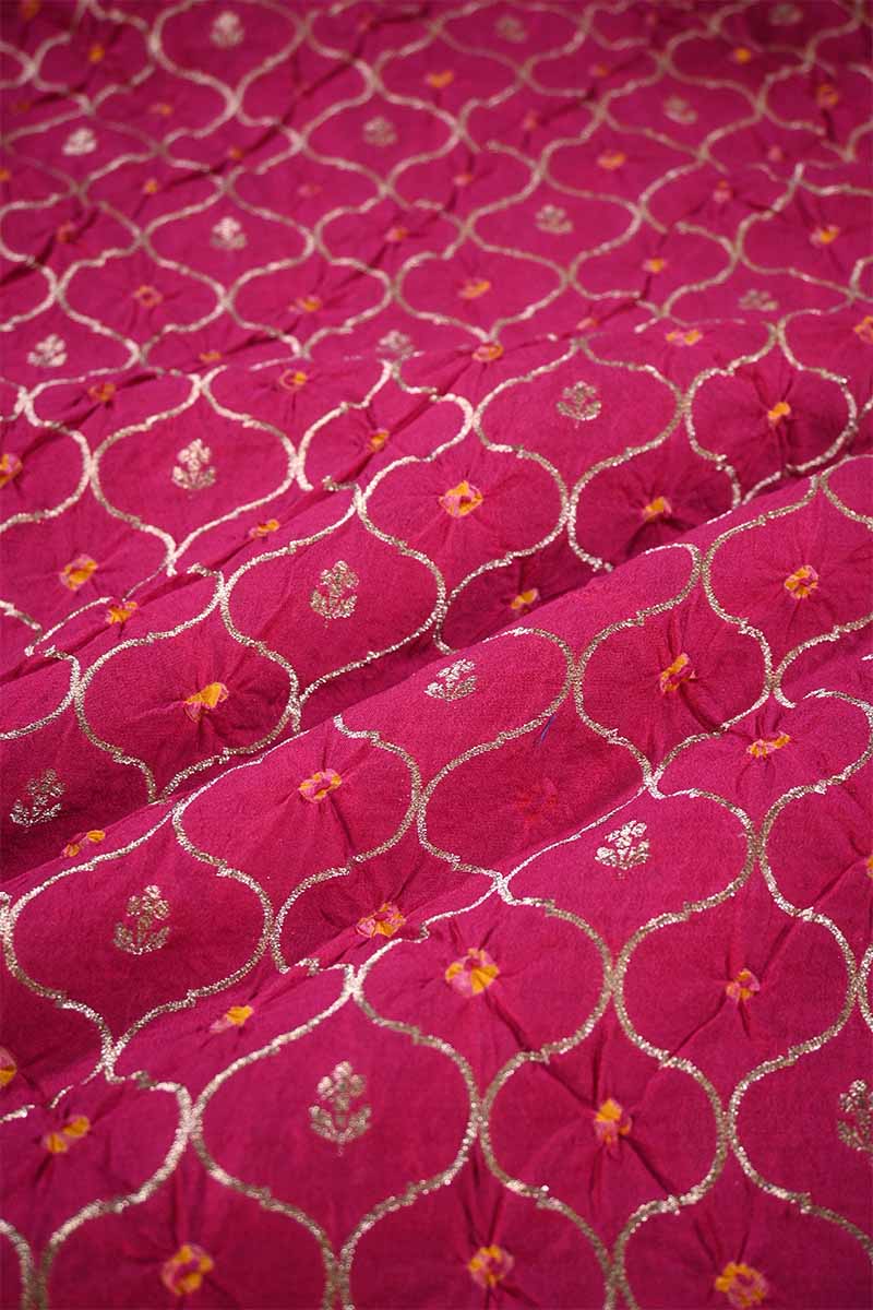 Pink Chiniya Silk Fabric with Jaal and Bandhani Print