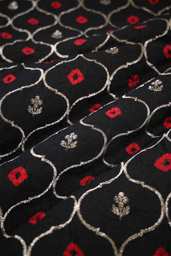 Black Chiniya Banarasi Silk Fabric with Jaal and Bandhani Print