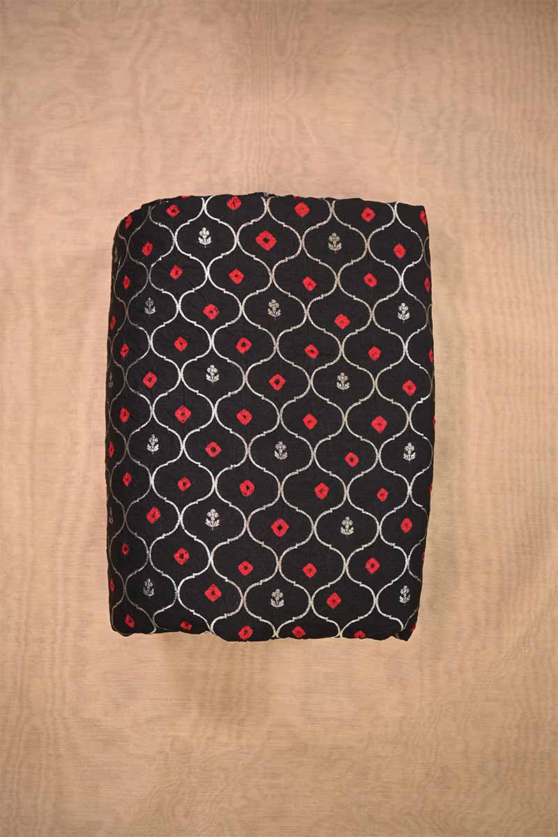 Black Chiniya Banarasi Silk Fabric with Jaal and Bandhani Print