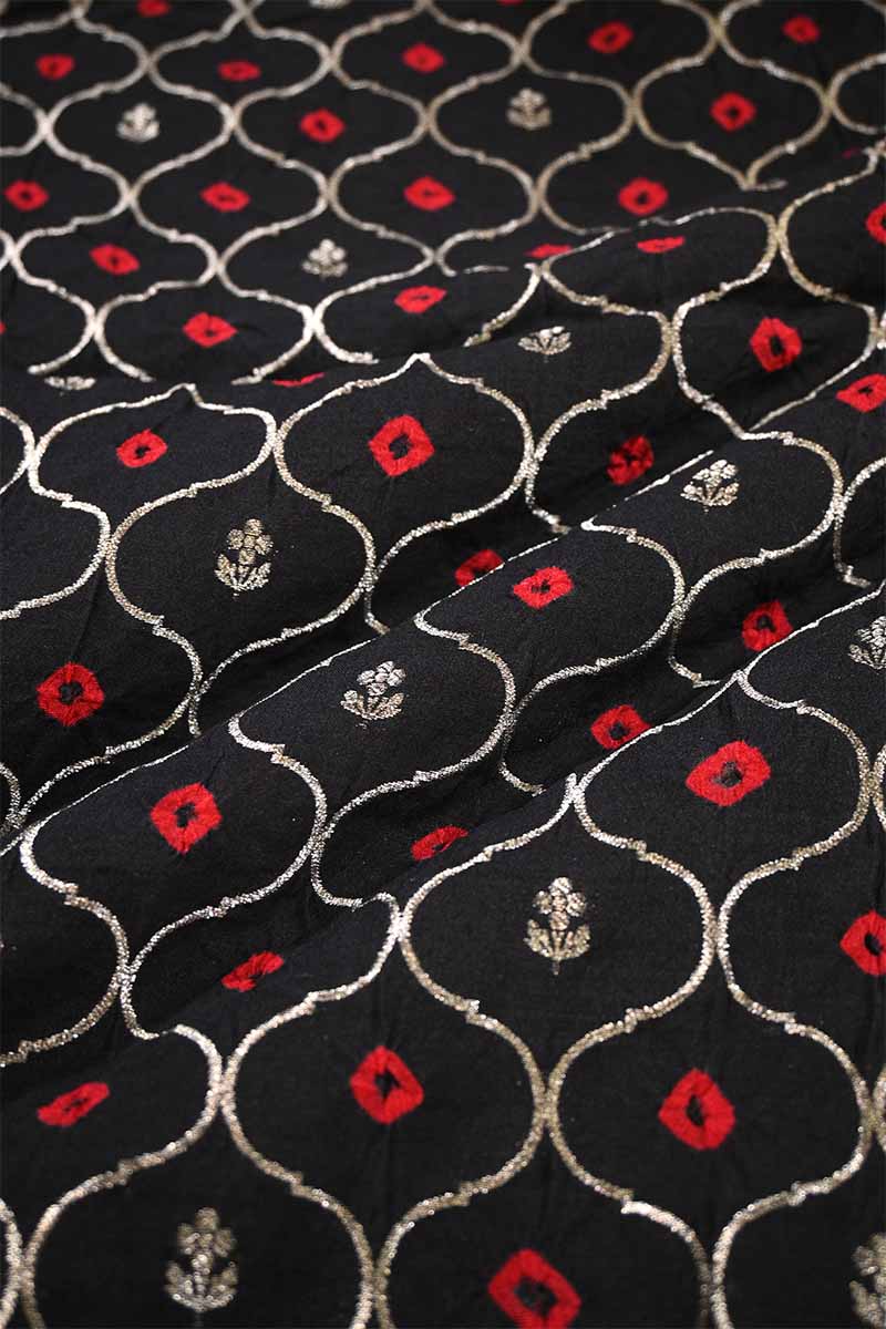Black Chiniya Banarasi Silk Fabric with Jaal and Bandhani Print