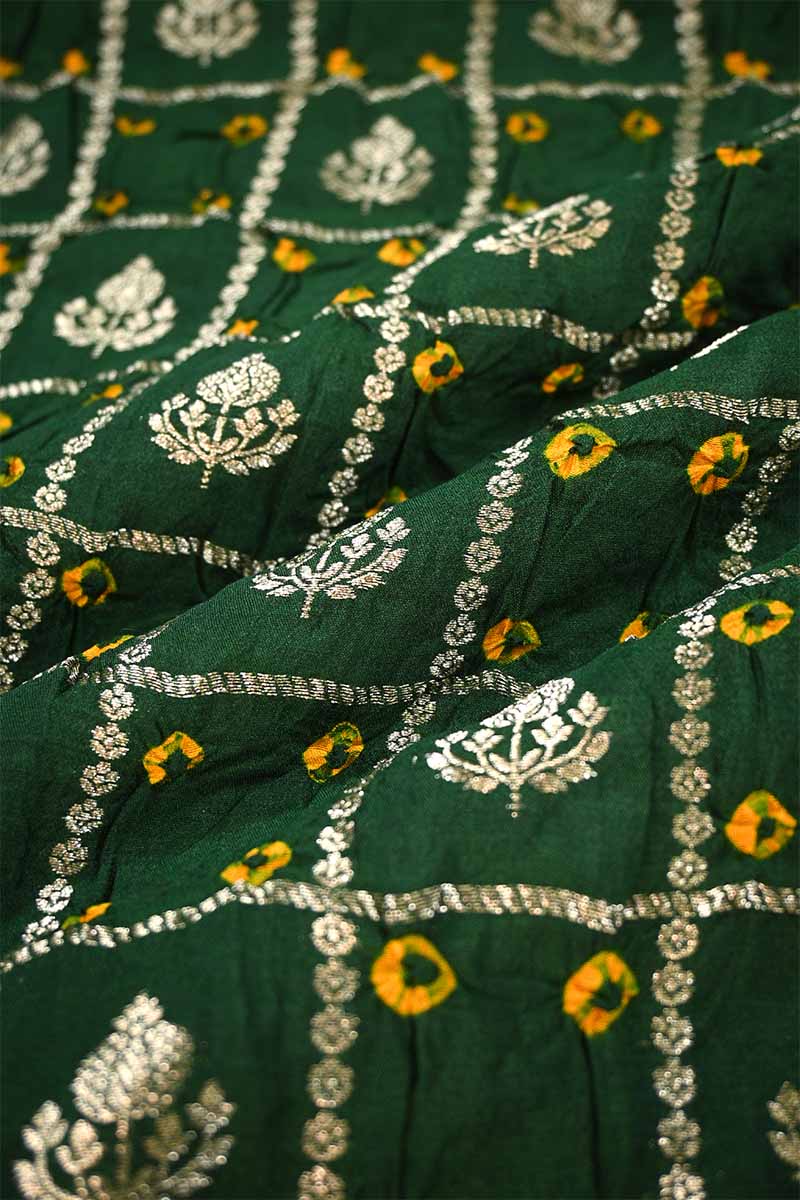 Bottle Green Chiniya Banarasi Silk Fabric with Zari Checks & Motifs