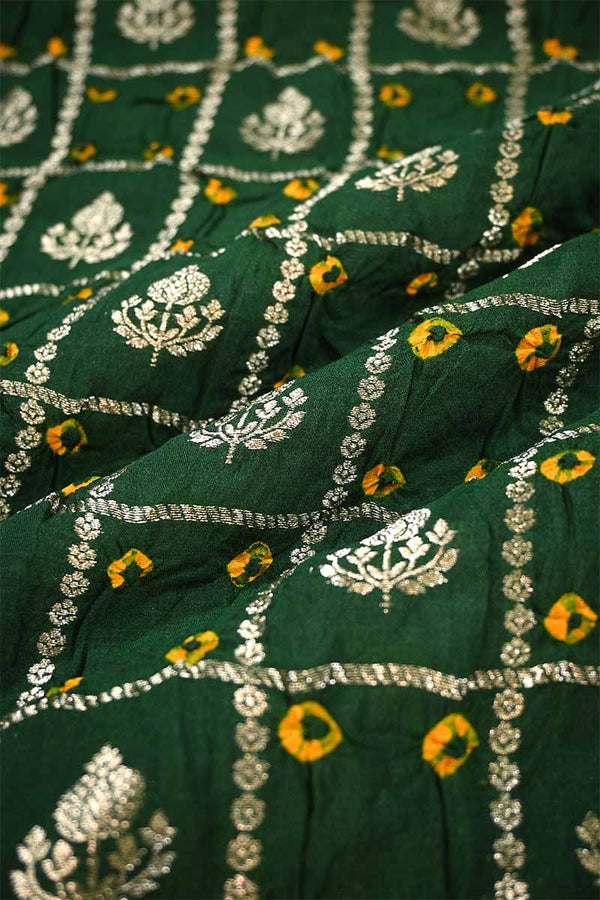 Bottle Green Chiniya Banarasi Silk Fabric with Zari Checks & Motifs
