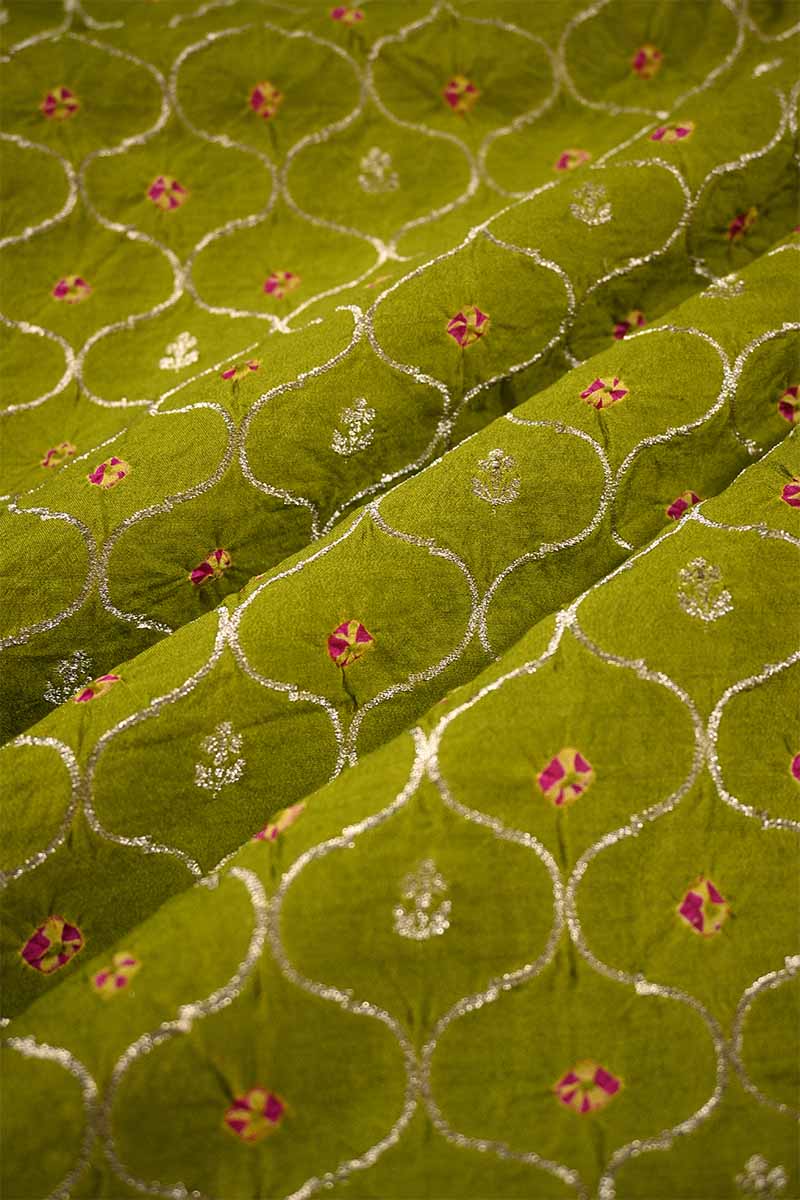Henna Green Chiniya Silk Fabric with Jaal and Bandhani Print