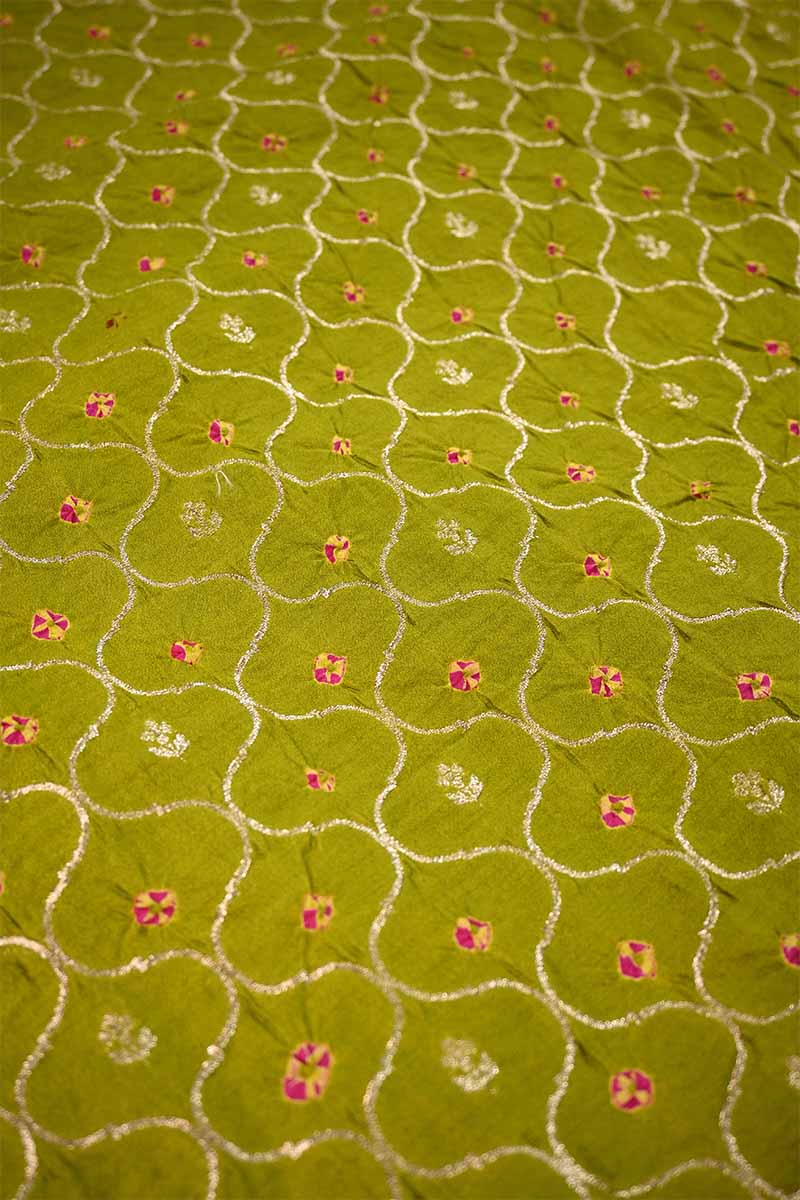Henna Green Chiniya Silk Fabric with Jaal and Bandhani Print