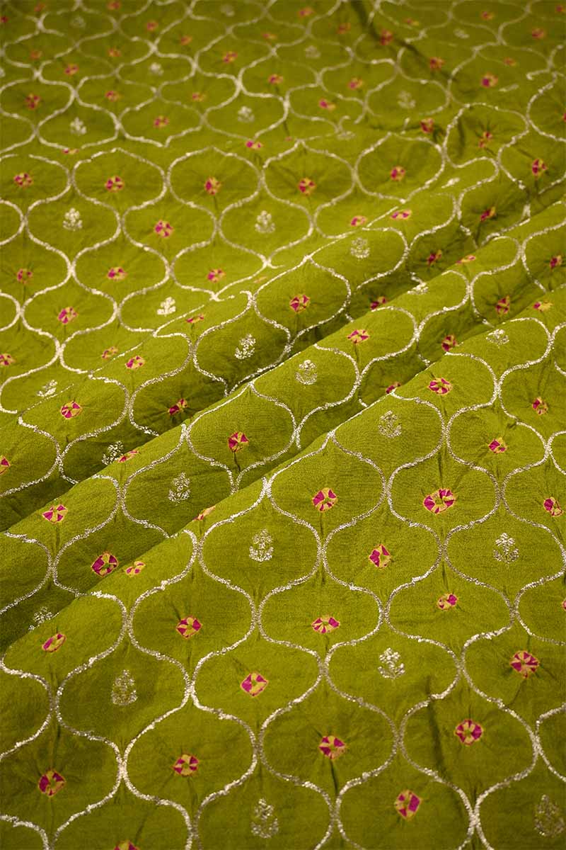 Henna Green Chiniya Silk Fabric with Jaal and Bandhani Print
