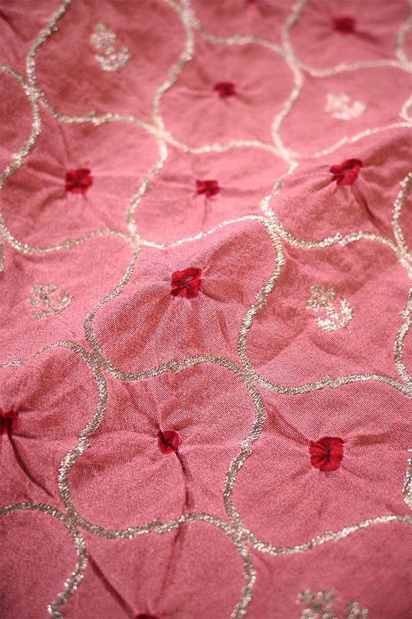 Baby Pink Chiniya Silk Fabric with Jaal and Bandhani Print