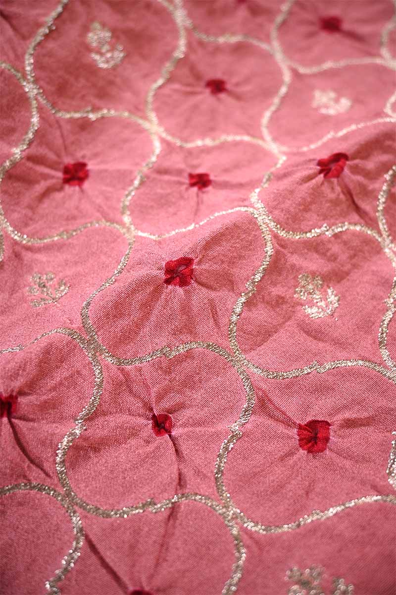 Baby Pink Chiniya Silk Fabric with Jaal and Bandhani Print