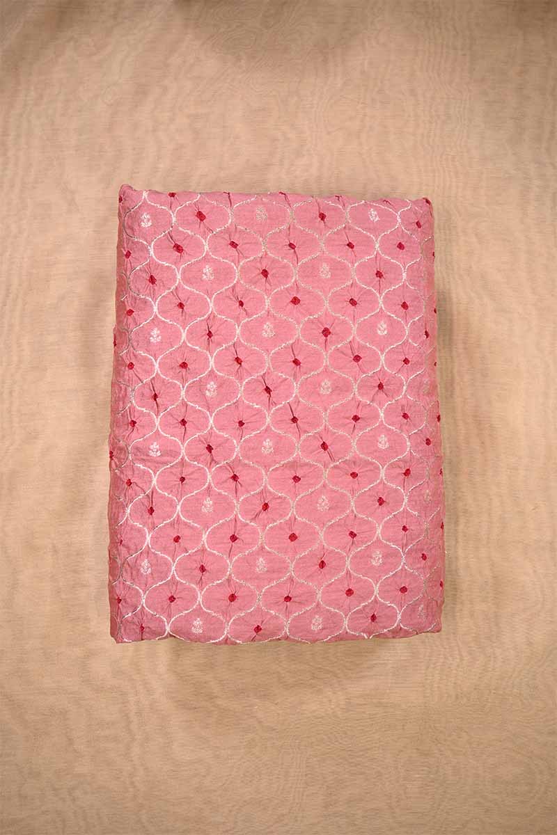 Baby Pink Chiniya Silk Fabric with Jaal and Bandhani Print