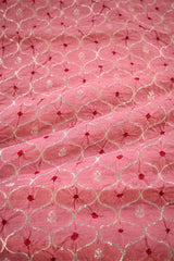 Baby Pink Chiniya Silk Fabric with Jaal and Bandhani Print