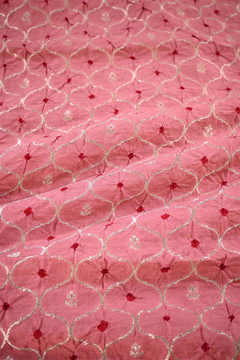 Baby Pink Chiniya Silk Fabric with Jaal and Bandhani Print