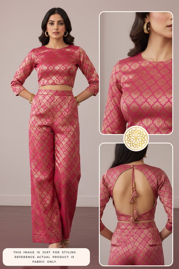Woman wearing a pink Banarasi Silk Made outfit with intricate patterns, shown from multiple angles inset.