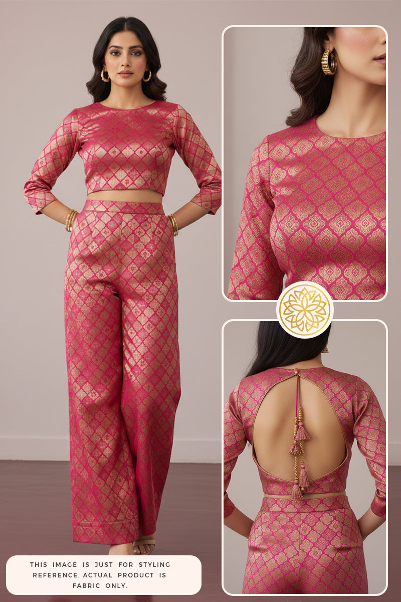 Woman wearing a pink Banarasi Silk Made outfit with intricate patterns, shown from multiple angles inset.