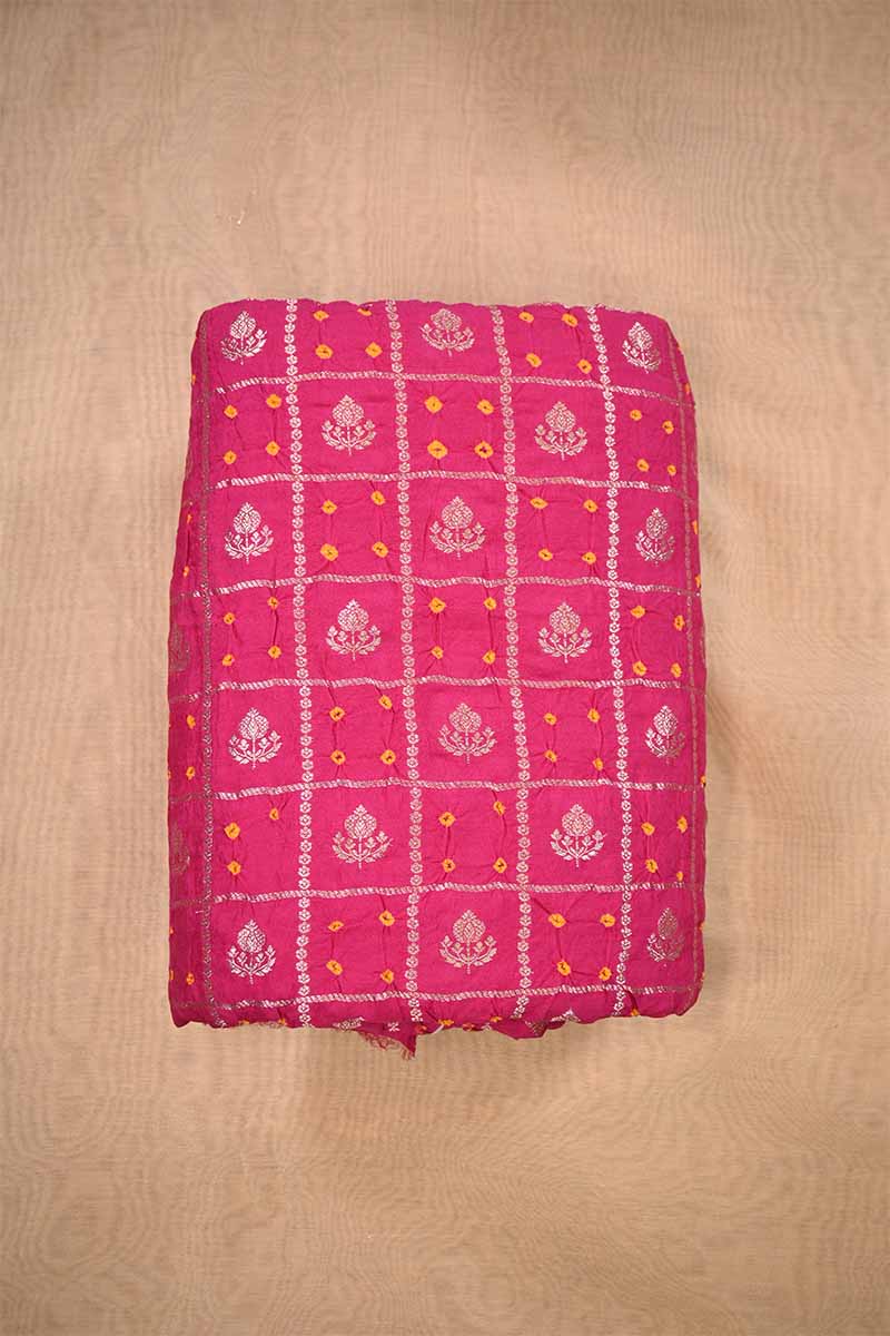 Pink Chiniya Banarasi Silk Fabric with Zari Checks & Motifs