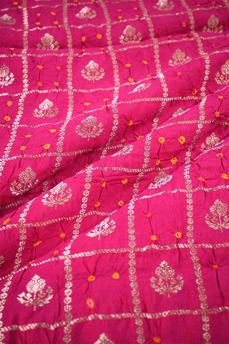 Pink Chiniya Banarasi Silk Fabric with Zari Checks & Motifs