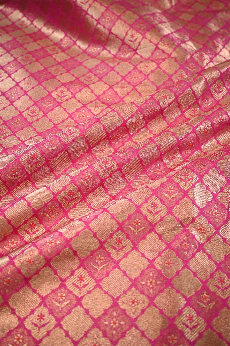 Pink Banarasi Silk Brocade Fabric with Gold Zari Work