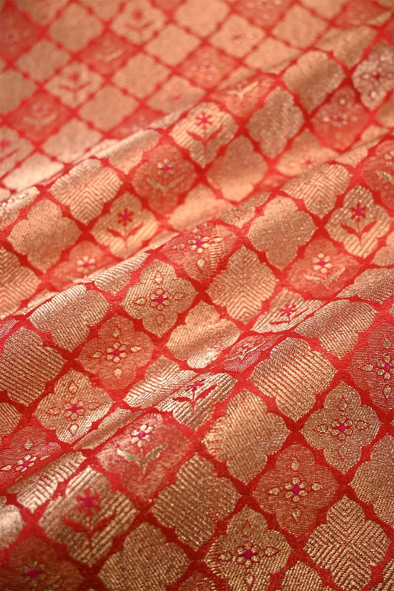 Red Banarasi Silk Brocade Fabric with Gold and Antique Zari Work ...
