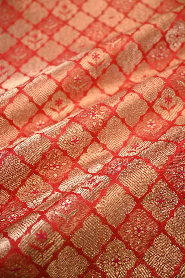 Red Banarasi Silk Brocade Fabric with Gold and Antique Zari Work