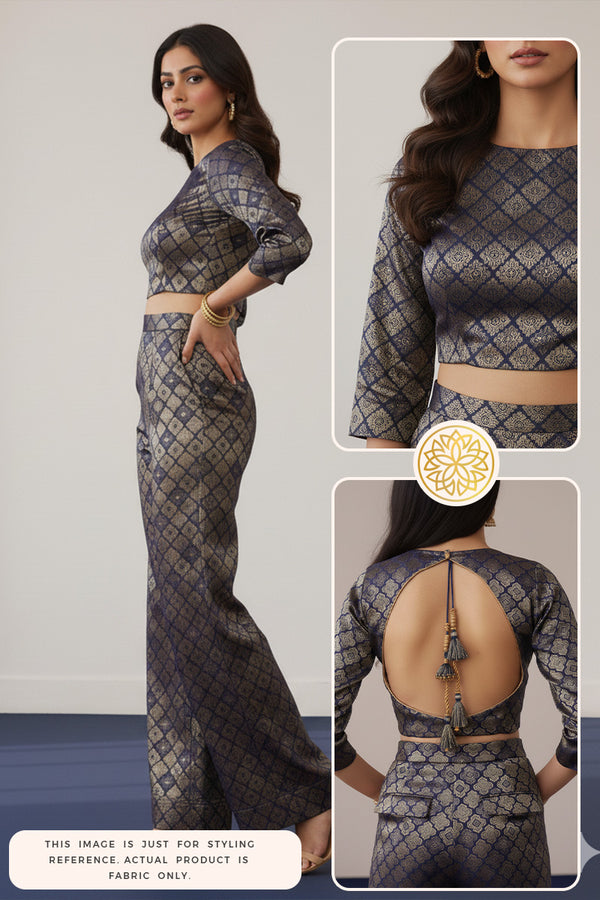 Woman wearing a blue Banarasi silk outfit with a back view and side views displayed.