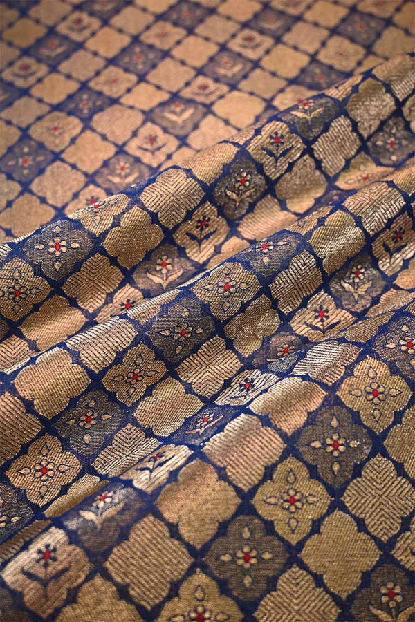 Blue Banarasi Silk Brocade Fabric with Gold Zari Work