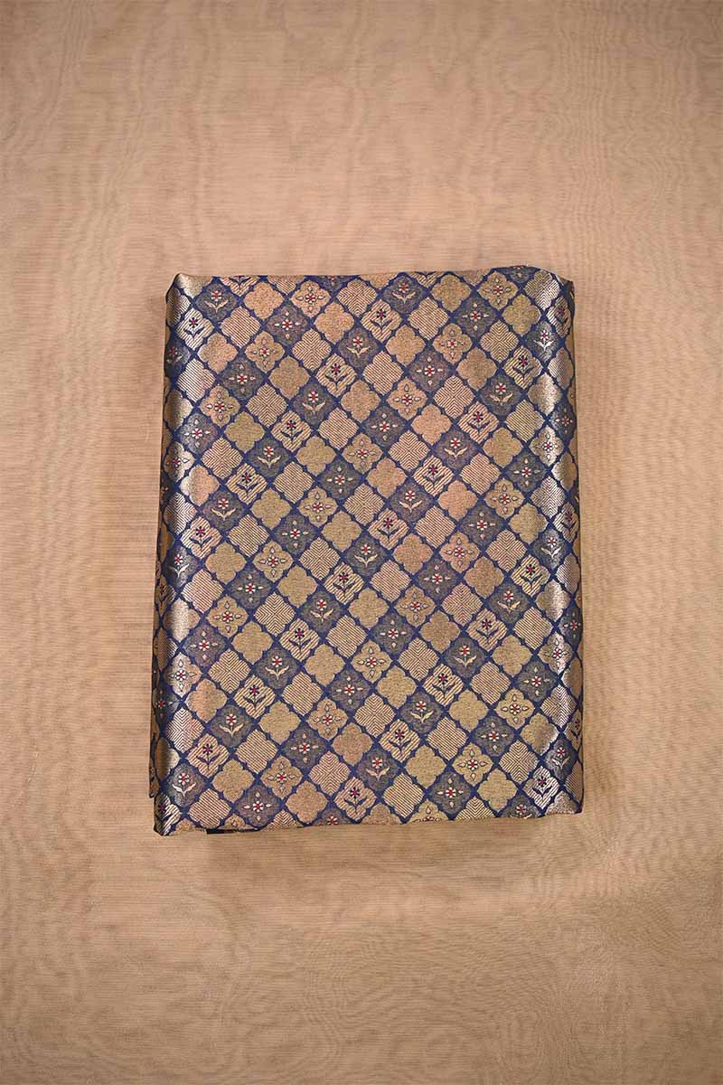 Blue Banarasi Silk Brocade Fabric with Gold Zari Work