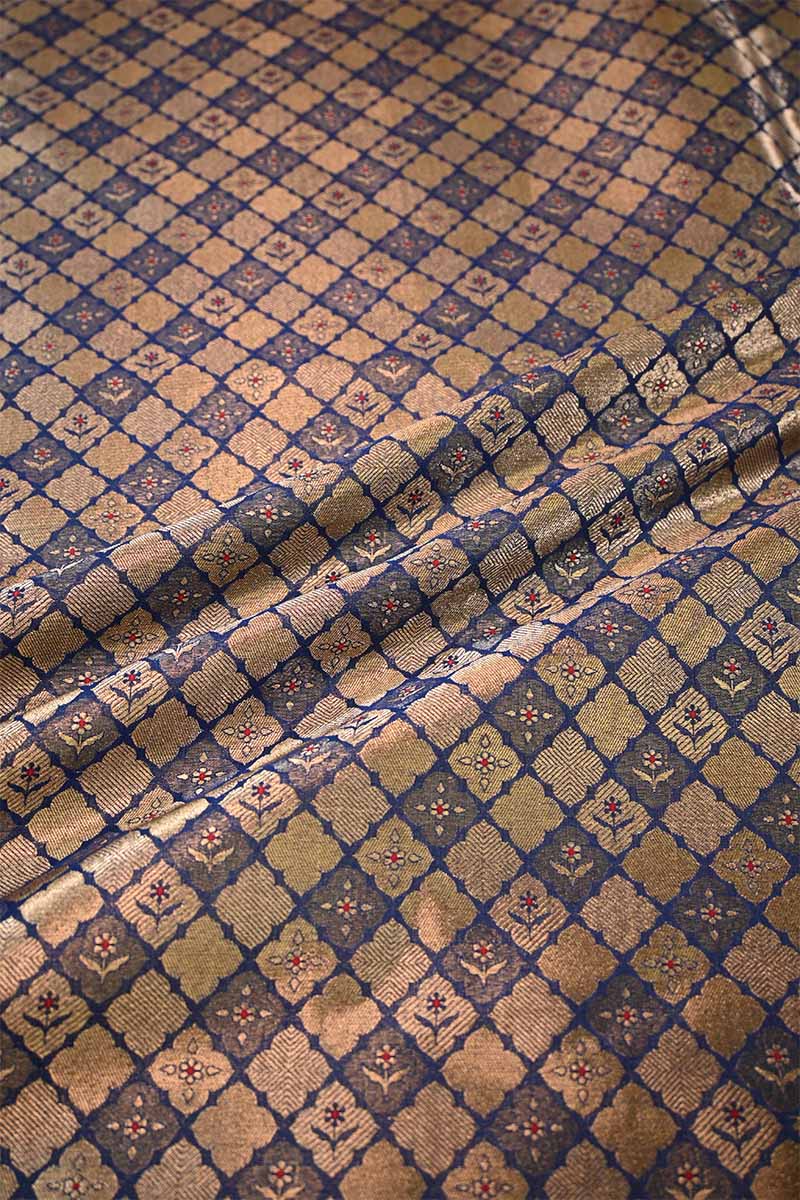 Blue Banarasi Silk Brocade Fabric with Gold Zari Work
