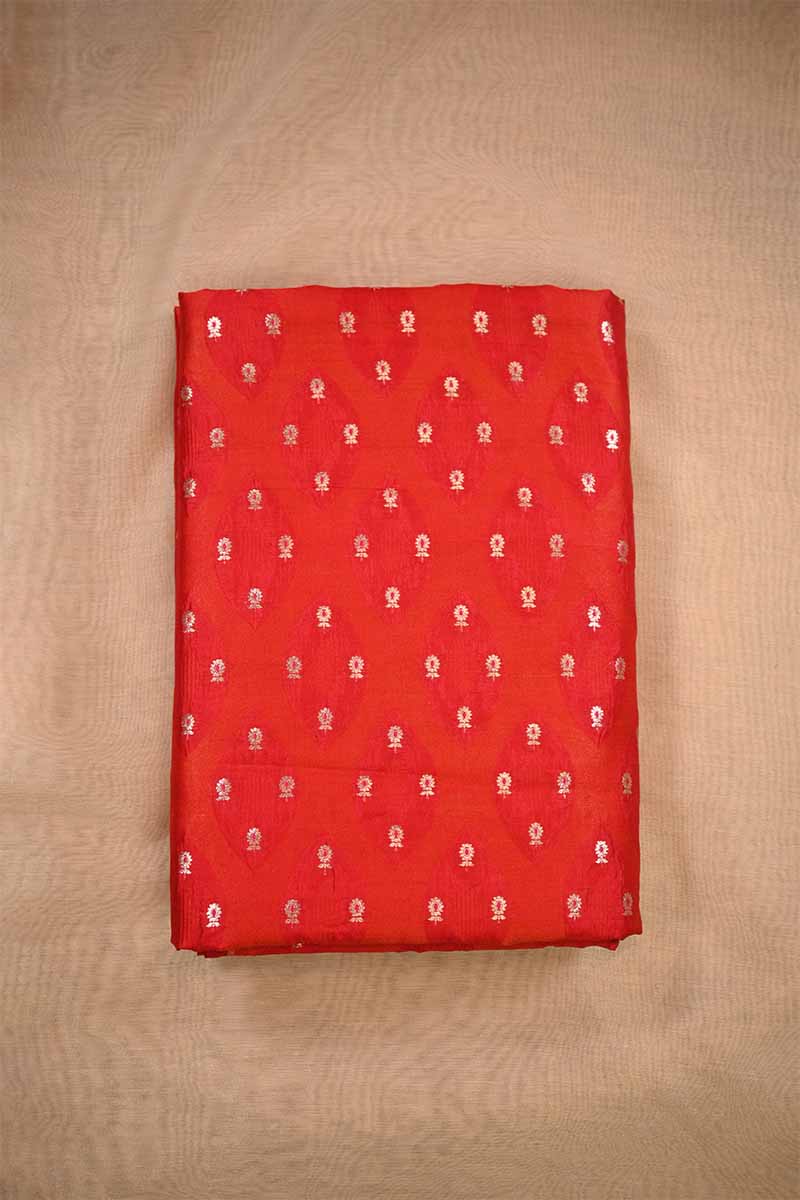 Red Banarasi Silk Fabric with Gold Zari Small Floral Buti