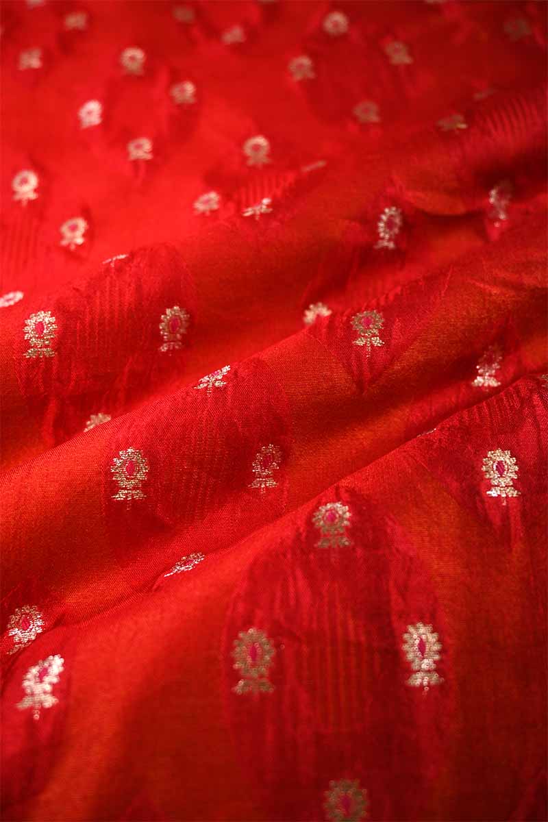 Red Banarasi Silk Fabric with Gold Zari Small Floral Buti