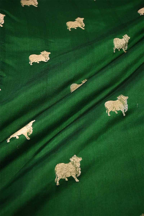 Bottle Green Chiniya Banarasi Silk Fabric with Pichwai Motifs